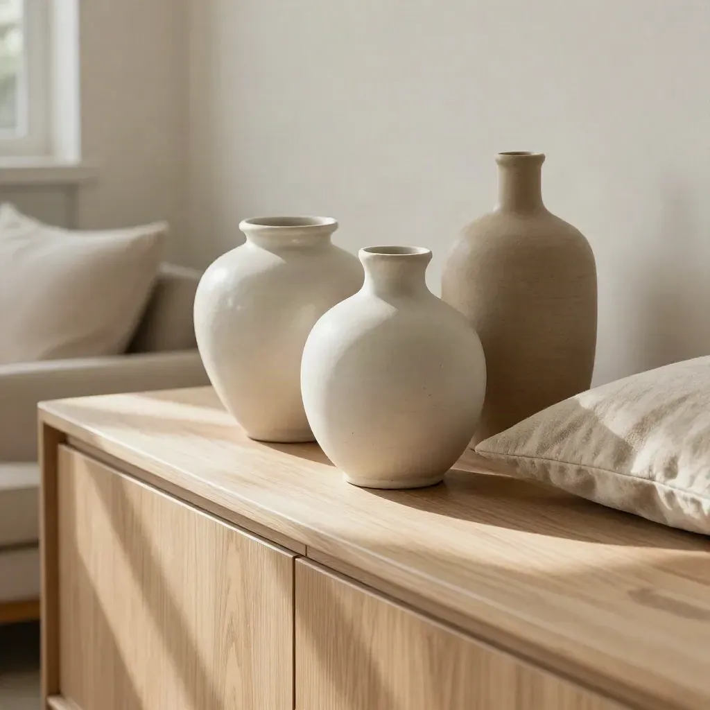 Wohnzimmer-Ecke mit Eichen-Sideboard, Keramikvasen und Leinenkissen, warm und elegant.
