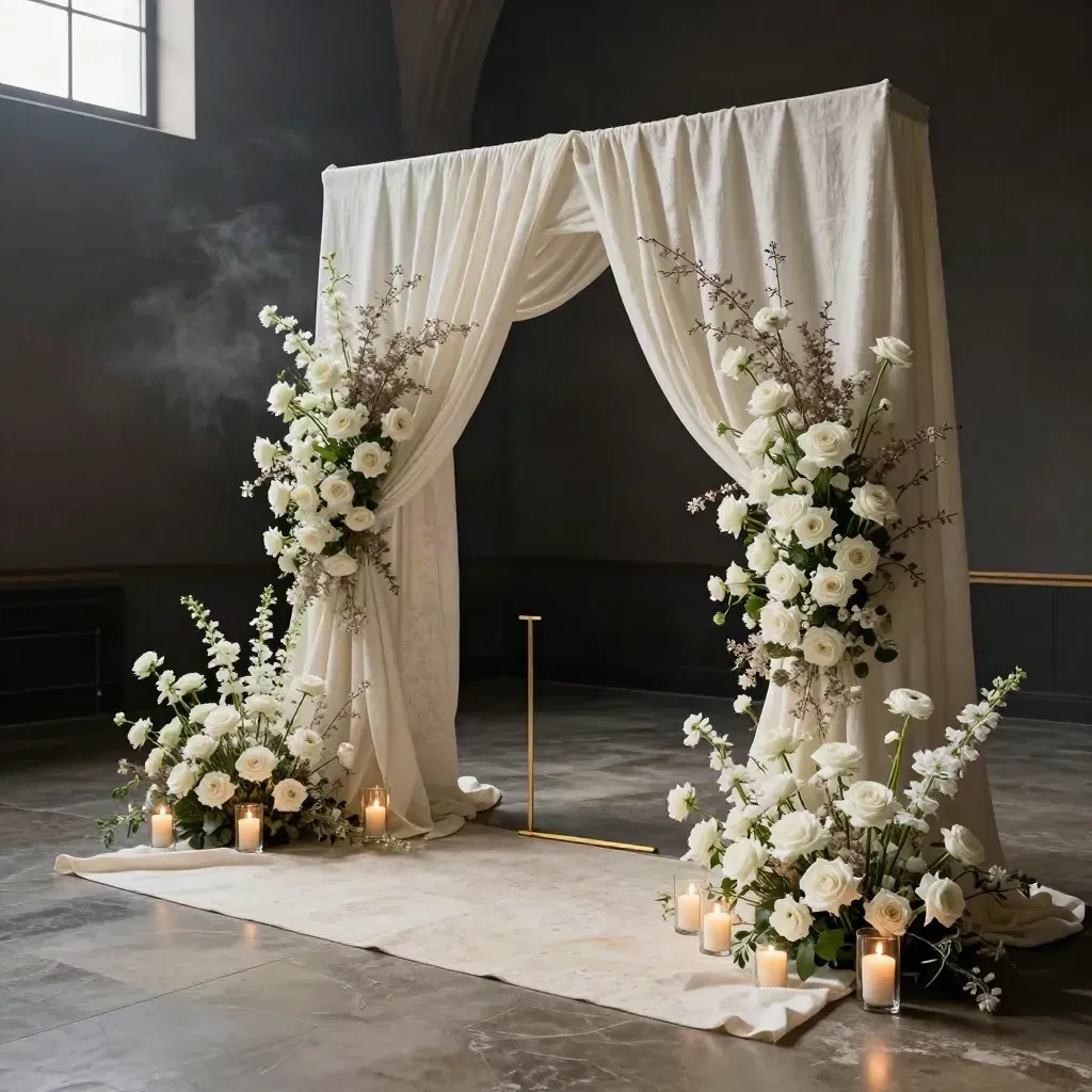 Hochzeitsdeko mit Stoffbogen, Blumen und Kerzen in warmer Lichtstimmung