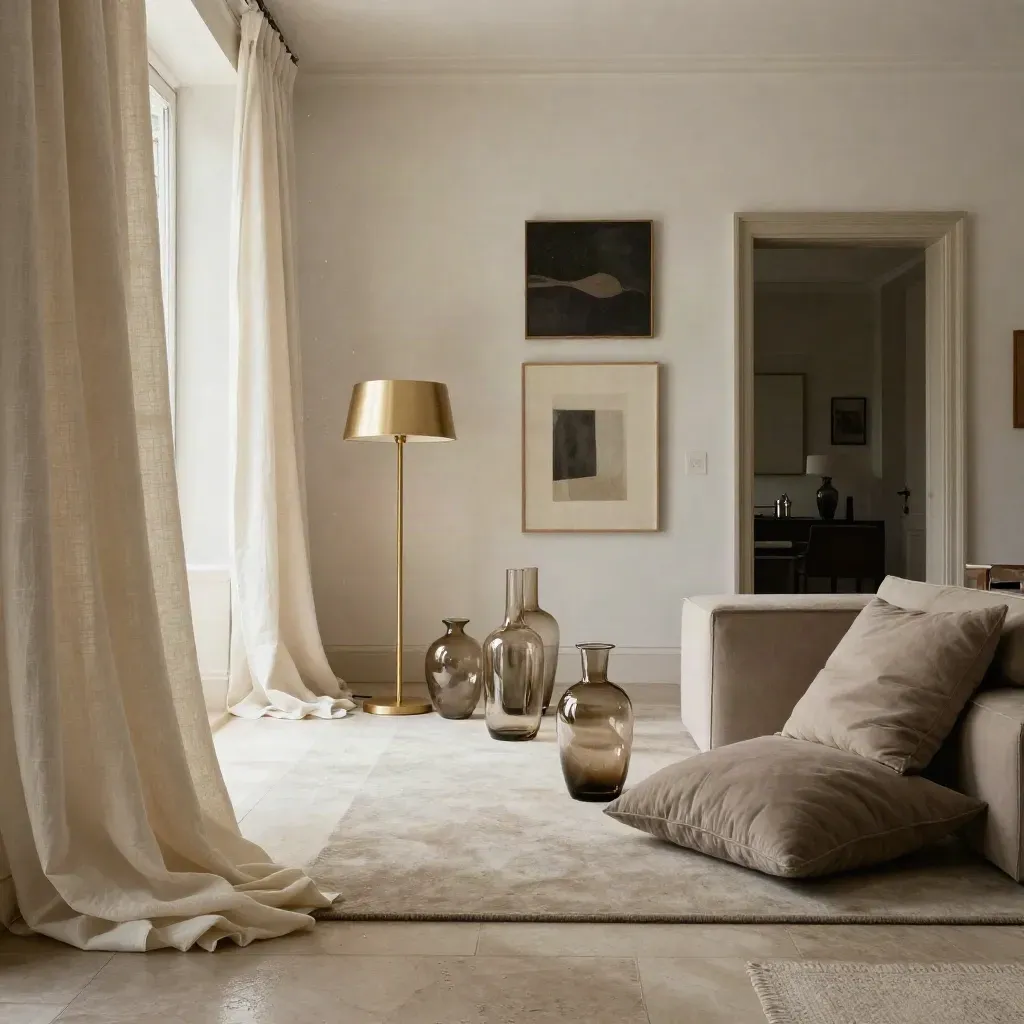 Luxe Wohnzimmer mit Vorhängen, goldener Stehlampe, Taupe-Kissen und Kunst an der Wand im Morgenlicht.