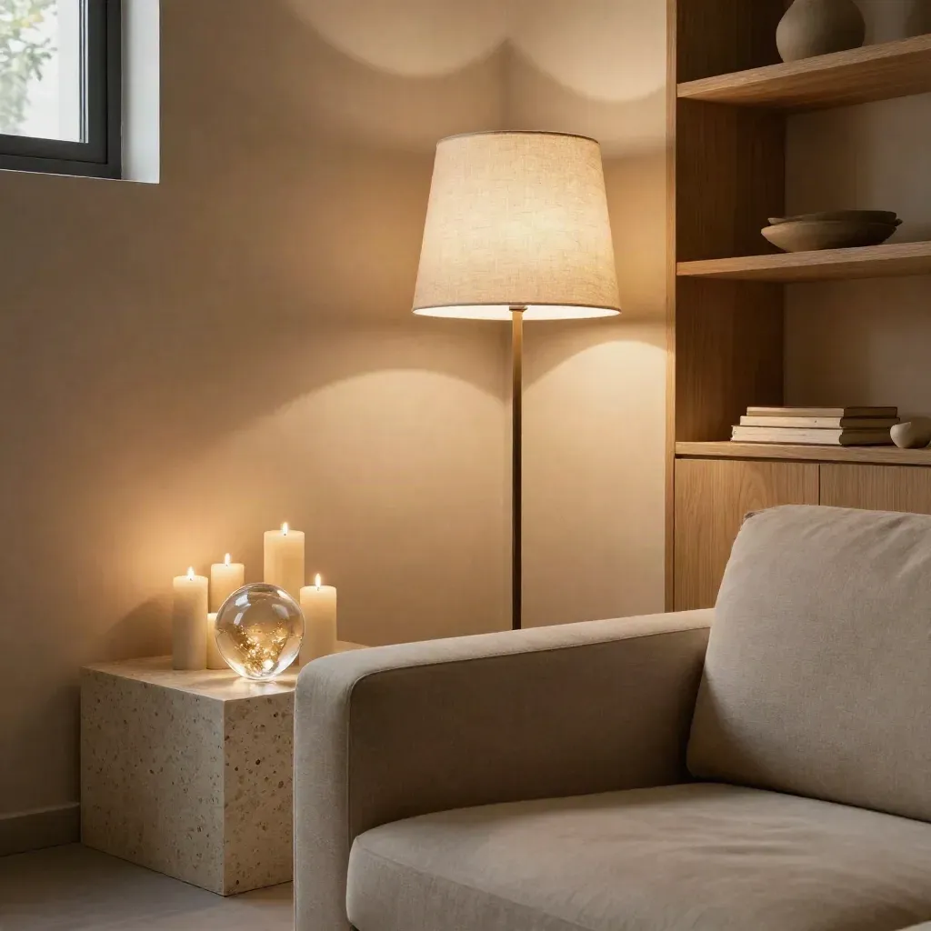 Warme Sitzecke mit Lampen, Kerzen und Glasglobus-Licht im sanften Abendglanz.