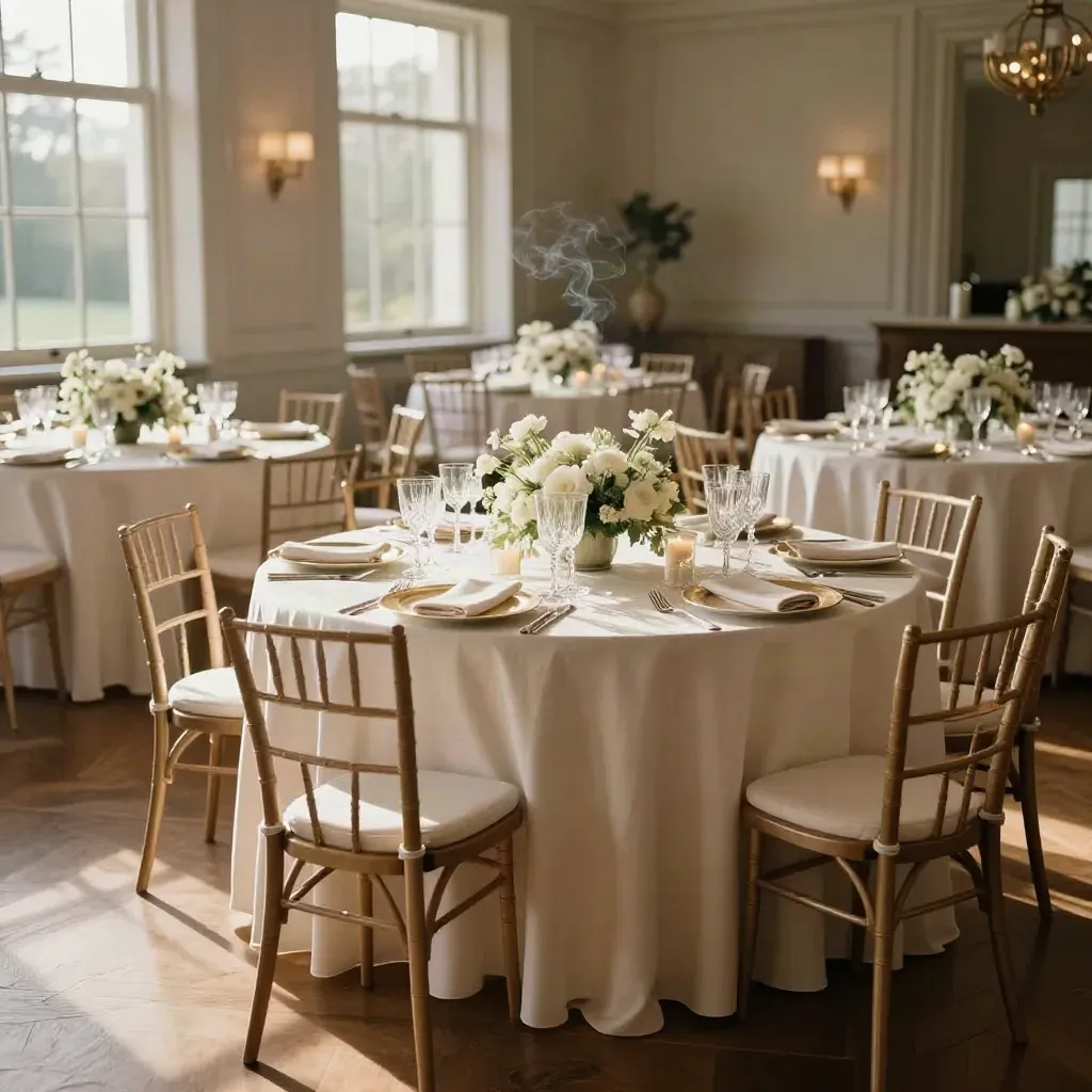 Festlich gedeckte Hochzeitstische mit Goldrand, weißen Blumen und Kerzenschein im Saal