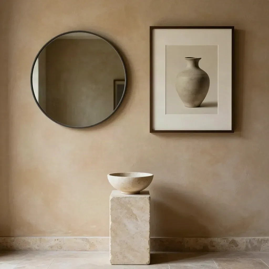 Kuratiertes Wandbild mit rundem Spiegel, Kunst, Vase und Sockel im dramatischen Licht.