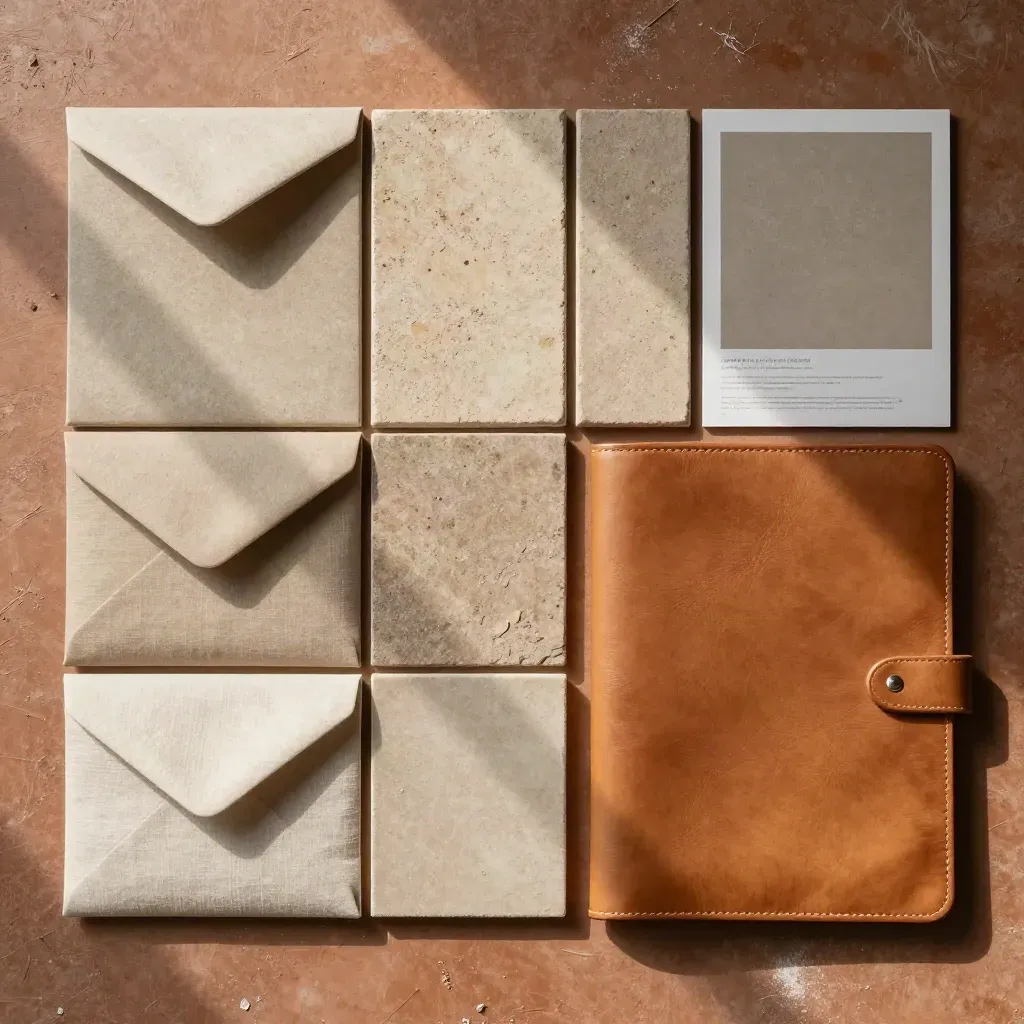 Taupefarbene Materialmuster, Stoffumschläge und Lederprojektmappe auf rustikaler Fläche im Tageslicht.