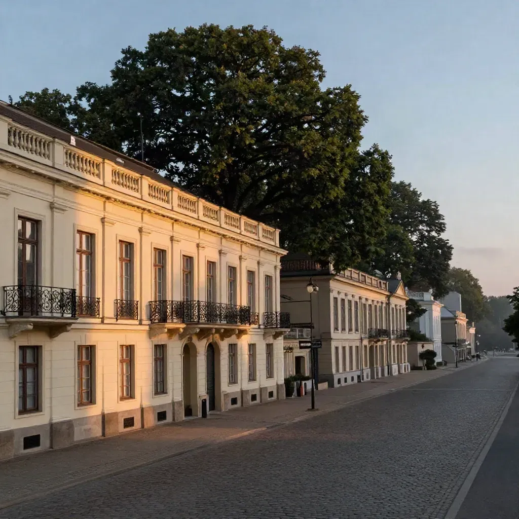 Charlottenburger Altbau-Fassade mit Baumkronen und ruhiger Abendboulevard in Berlin-West